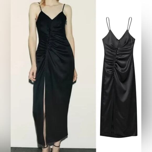 ZARA Black MIDI STRAPPY CAMISOLE DRESS GATHERING SLIT BLACK Size Small - Picture 9 of 9